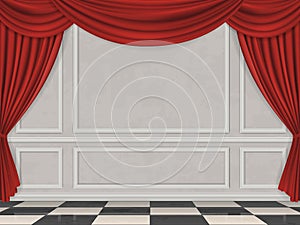 Wall decorated moulding panels checkered floor and red curtain