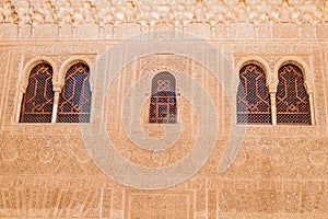 Wall decorations of Nasrid Palaces (Palacios Nazaries) at Alhambra in Granada, Spa