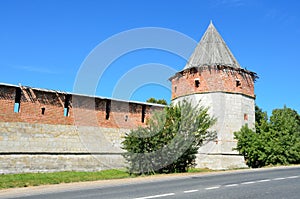 The wall and defensive tower of the ancient Zaraysk Kremlin in sunny day. Russia, Moscow region