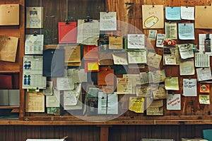 Wall displaying diverse papers including announcements, flyers, and notices in a chaotic manner, A bulletin board filled with photo