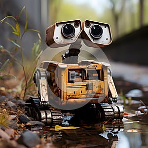 a wall e robot is on the ground by some water