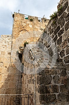 The wall  encircling the Temple Mount near the closed Golden Gate - Gate of Mercy on the Temple Mount in the Old Town of Jerusalem