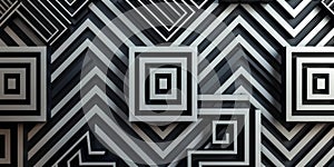 A wall featuring a geometric pattern of squares and rectangles in black and white colors