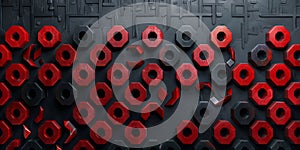A wall featuring red and black geometric shapes in an abstract pattern