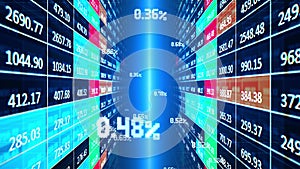 The wall of forex trading with graphs and charts in graphic motion with foreign currency symbols.