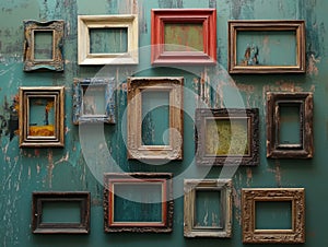 Wall of frames with a variety of colors and sizes