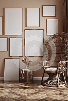 Wall gallery mockup in home interior with ethnic boho decoration, living room in brown warm color