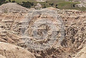 Wall of geological deposts, Badlands, SD, USA