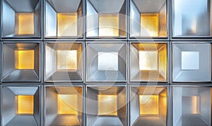 A wall of glass blocks with a yellow light shining through