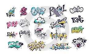 Wall graffiti tags. Underground style doodling fashion symbols, spray tag skateboard urban crazy street art marker