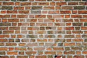 Wall of grouted red bricks, as pattern, texture or background