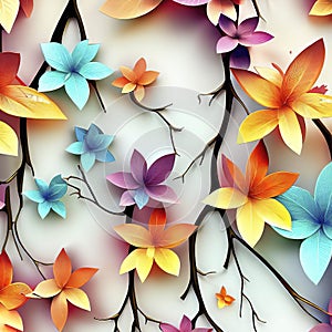 Wall hanging branches seamless pattern leaves fall with bright color flowers illustration background. 3d abstraction wallpaper for