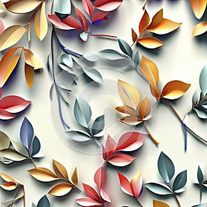 Wall hanging branches seamless pattern leaves fall with bright color flowers illustration background. 3d abstraction wallpaper for