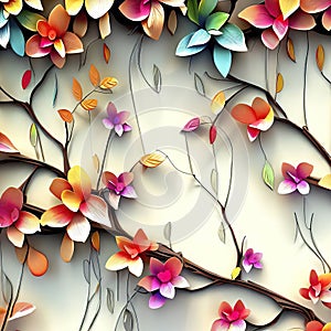 Wall hanging branches seamless pattern leaves fall with bright color flowers illustration background. 3d abstraction wallpaper for