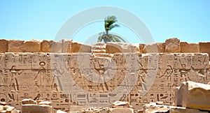 Wall with hieroglyphs outdoor view in Karnak temple complex