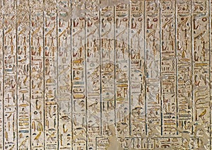 Wall of hieroglyphs in the tomb number 6 of Rameses IX in the Valley of the Kings, Luxor, Egypt.