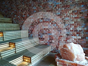 Wall of Himalayan salt bricks - sauna room indoor