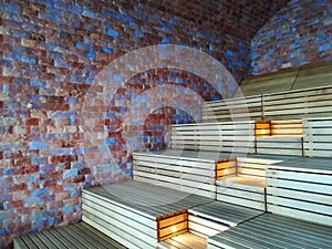 Wall of Himalayan salt bricks - sauna room indoor