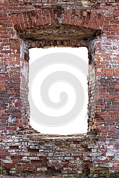 Wall with a hole in the middle made of old red brick. isolated on white background. vertical frame. grunge frame