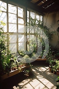 A wall of indoor plants, with hanging airplants and ferns in the corner of an old brick building