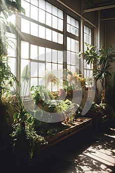 A wall of indoor plants, with hanging airplants and ferns in the corner of an old brick building