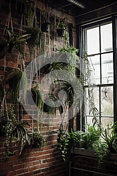 A wall of indoor plants, with hanging airplants and ferns in the corner of an old brick building