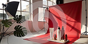 Wall interior with red background and leaf shadow