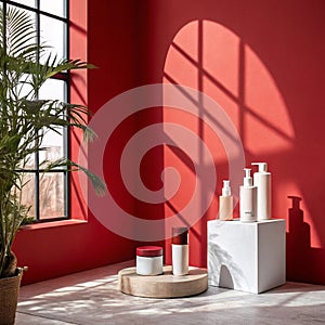 Studio wall interior for product display with red background