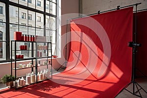 Studio wall interior for product display with red background