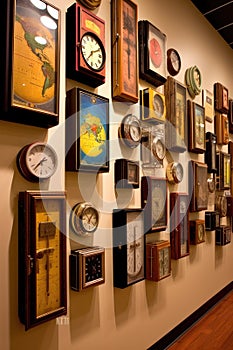 wall of international time zone clocks