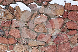 A wall of large stones with snow, background