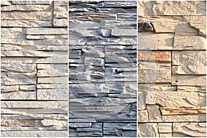 Wall made of decorative finishing stone of different colors. Mix samples facade decoration.