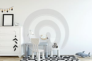 Wall mock up. Child`s room interior. Scandinavian style. 3d rendering, 3d illustration