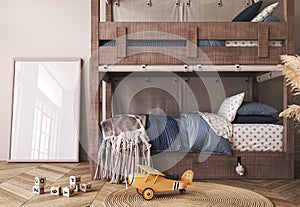 Wall mock up in kids interior. Scandinavian and boho interior design bedroom. Wooden bunk bed. 3d rendering. High