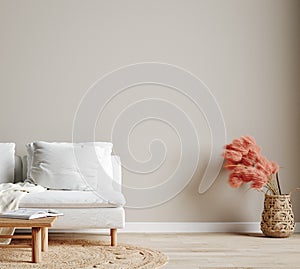 Wall mock up in light simple interior, Scandi-Boho style