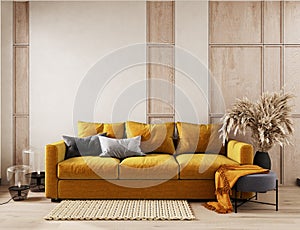 Wall mock up in light simple interior, Scandi-Boho style, 3d render