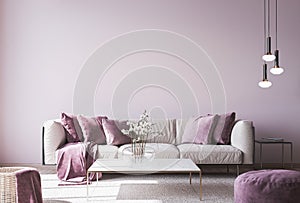 Wall mock up for modern sofa on light pink wall background with trendy home accessories