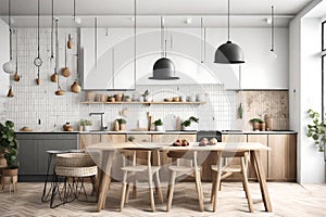 Scandinavian kitchen interior, wall mock up Generated Ai