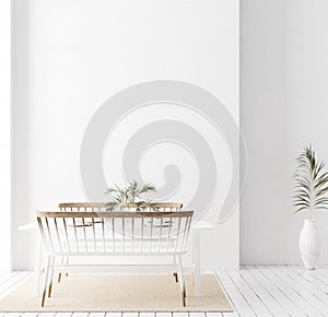 Wall mock up in white simple interior with wooden furniture, Scandi-Boho style