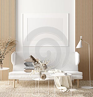 Wall mock up in white simple interior with wooden furniture, Scandi-Boho style