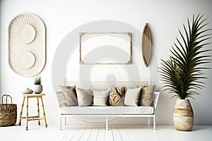 Wall mock up in white simple interior with wooden furniture, Scandi-Boho style, 3d render, copy space