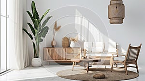 Wall mock up in white simple interior with wooden furniture, Scandi Boho style. AI Generative