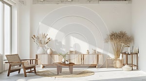 Wall mock up in white simple interior with wooden furniture, Scandi-Boho style . Ai Generative