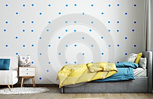 Wall mockup in blue child room interior. Nursery Interior in scandinavian style. 3d rendering, 3d illustration