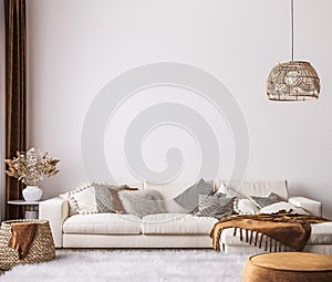 Wall mockup in bright living room design, white sofa in farmhouse boho interior style