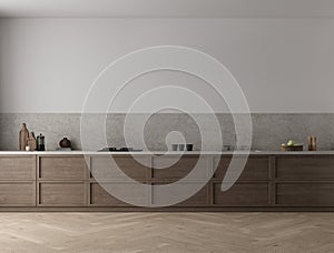 Wall mockup in brown kitchen interior background with hardwood floor. Gray kitchen counter. Farmhouse style front view