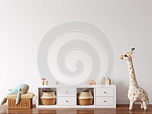 Wall mockup in child room interior. Nursery Interior in scandinavian style. 3d rendering, 3d illustration