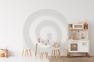 Wall mockup in child room interior. Nursery Interior in scandinavian style. 3d rendering, 3d illustration