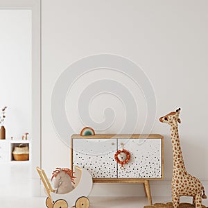 Wall mockup in the children`s room interior. Nursery Interior. Boho scandinavian eco style. 3d rendering, 3d illustration