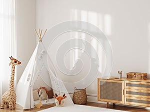 Wall mockup in the children`s room interior. Nursery Interior. Boho scandinavian eco style. 3d rendering, 3d illustration